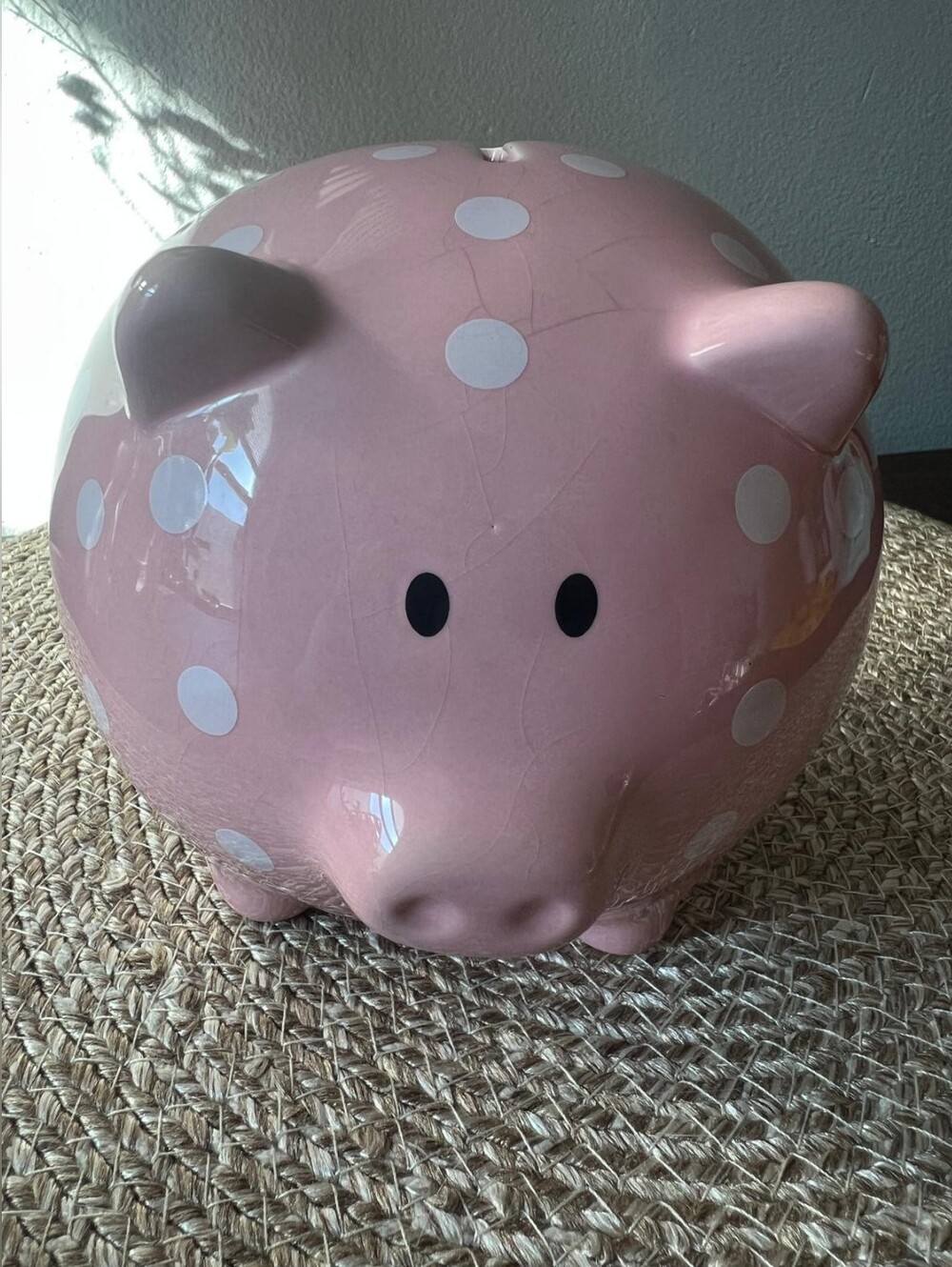 Stephan Baby Ceramic Piggy Bank Pink White Polka Dot 6”.
